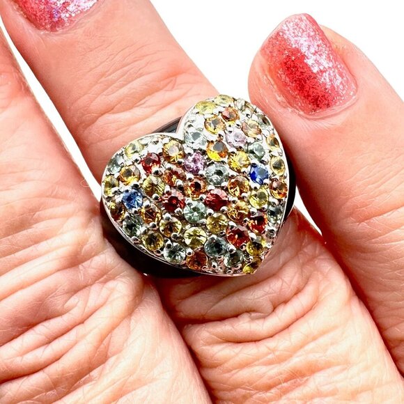 Sterling Silver Womens Ring Multicolor Tourmaline Heart Black Enamel Size 6 - Picture 2 of 8